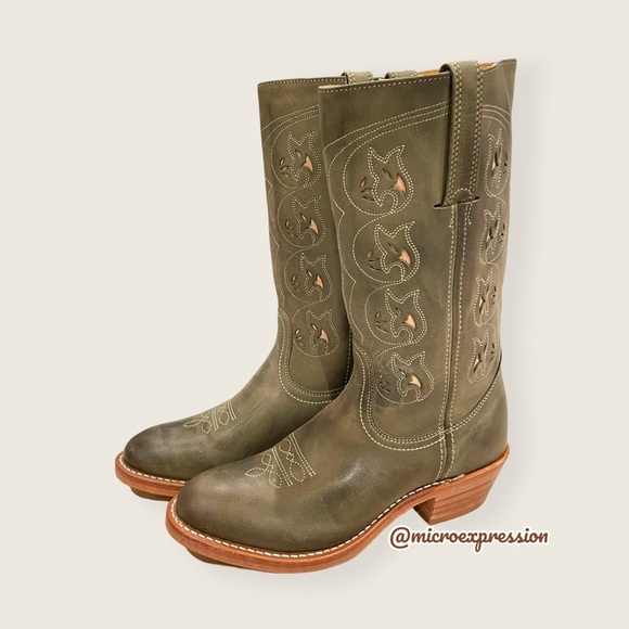 VINTAGE 1980 Frye Austin Sage Green Real Leather Floral Embroidered Cowboy Boot - Picture 6 of 14